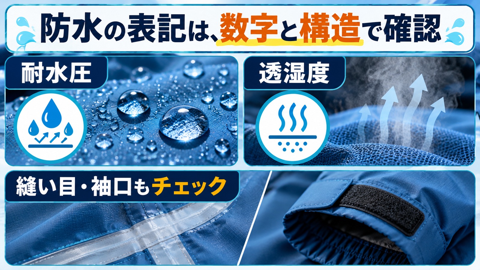 防寒着のタグと縫い目・袖口を見せ、耐水圧と透湿度の確認を促す図解