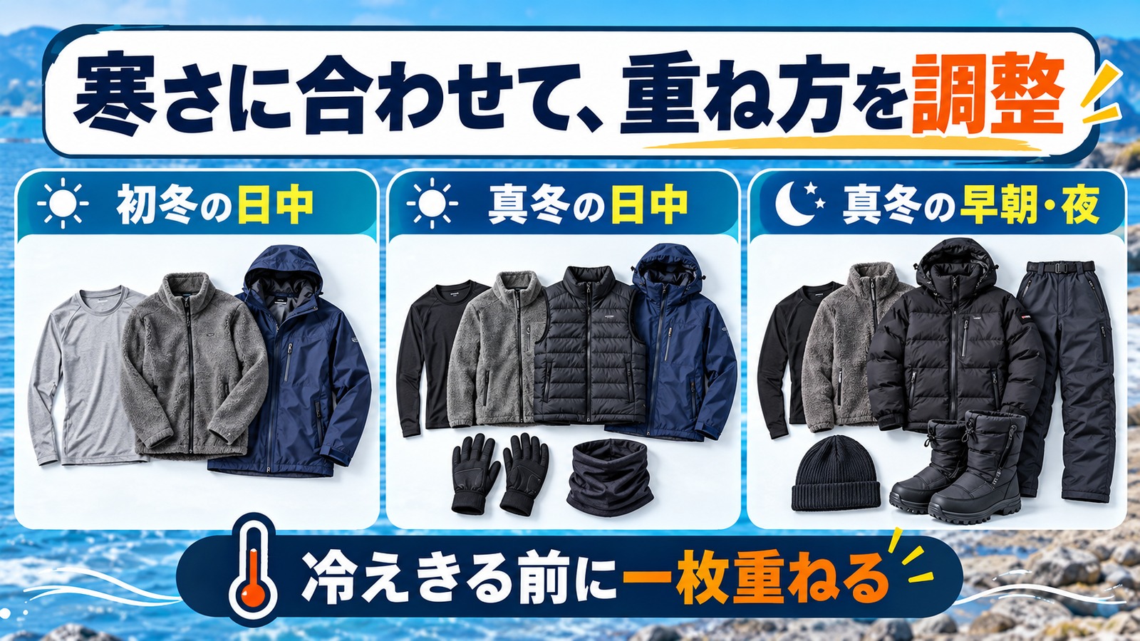 初冬の日中から真冬の早朝まで、服と小物の組み合わせを比較する防寒図