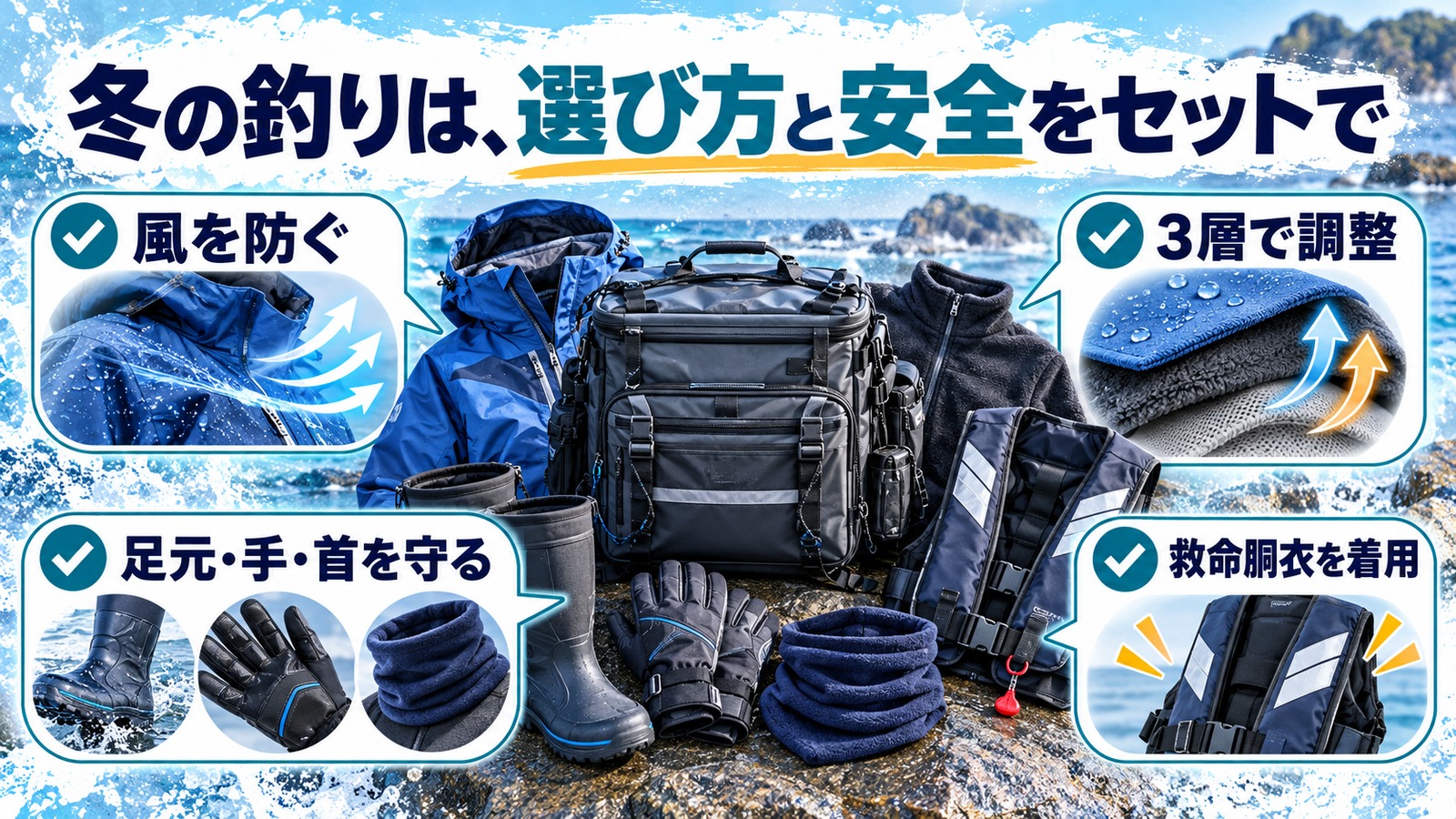 防寒着と小物・救命胴衣を囲むように並べ、冬の釣りの準備をまとめた図解