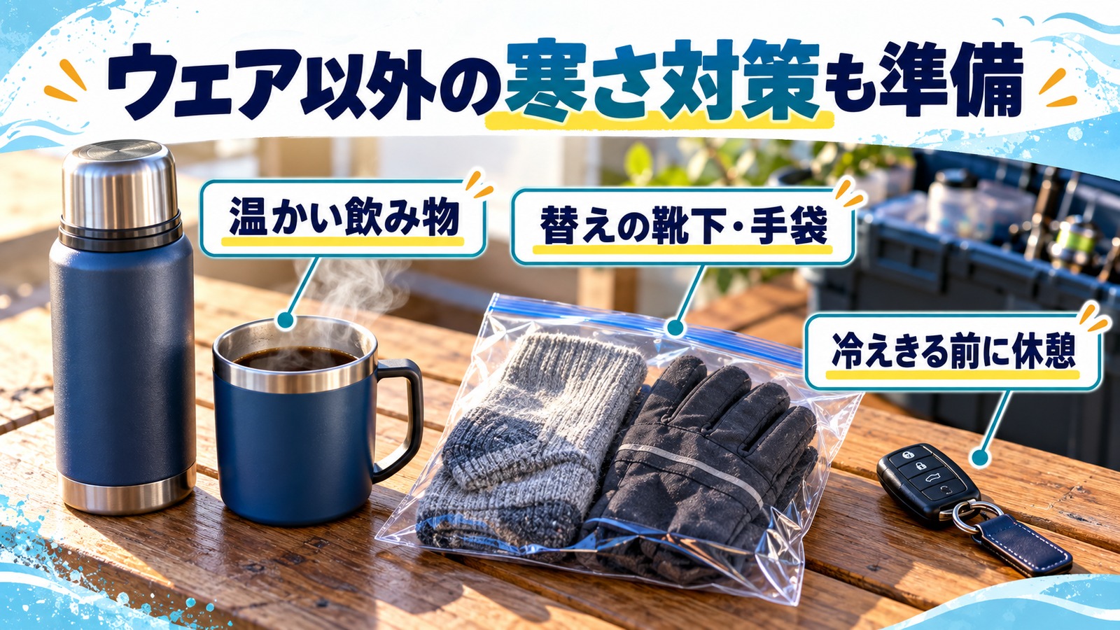 魔法瓶と予備の靴下・手袋を並べ、休憩も含めた寒さ対策を示す図解