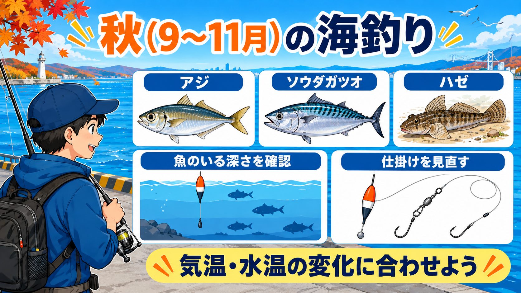 秋のアジ・ソウダガツオ・ハゼと魚のいる深さや仕掛けを見直す図