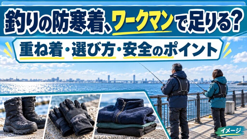冬の防寒着と救命胴衣を着た二人の釣り人のイメージに、重ね着と安全の要点を添えたアイキャッチ