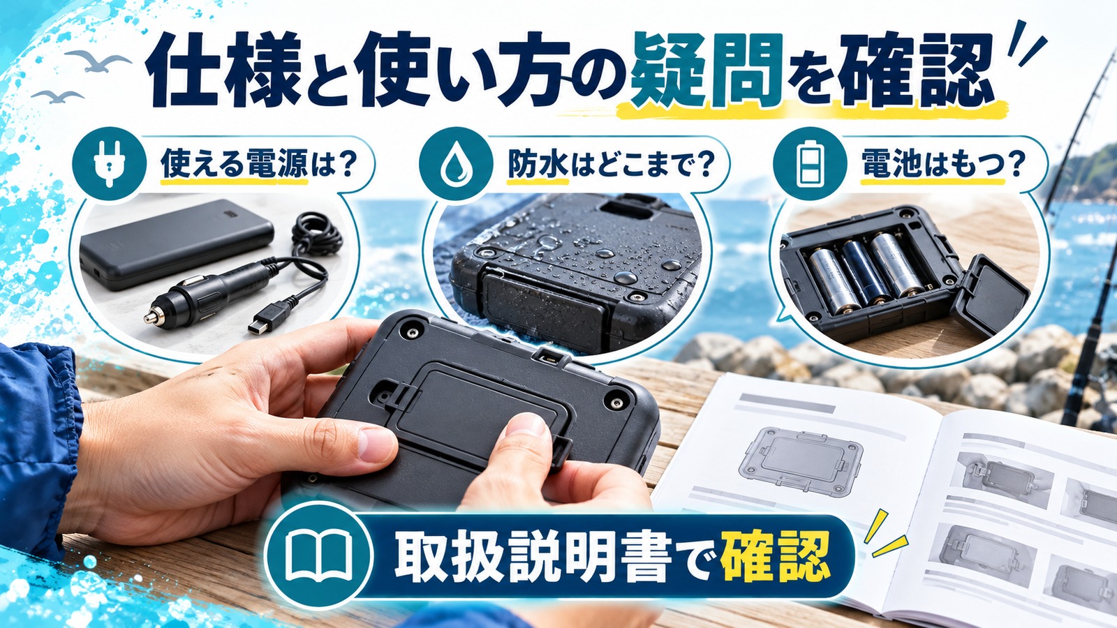 ポンプの電源、防水範囲、電池の持ちを確認する図