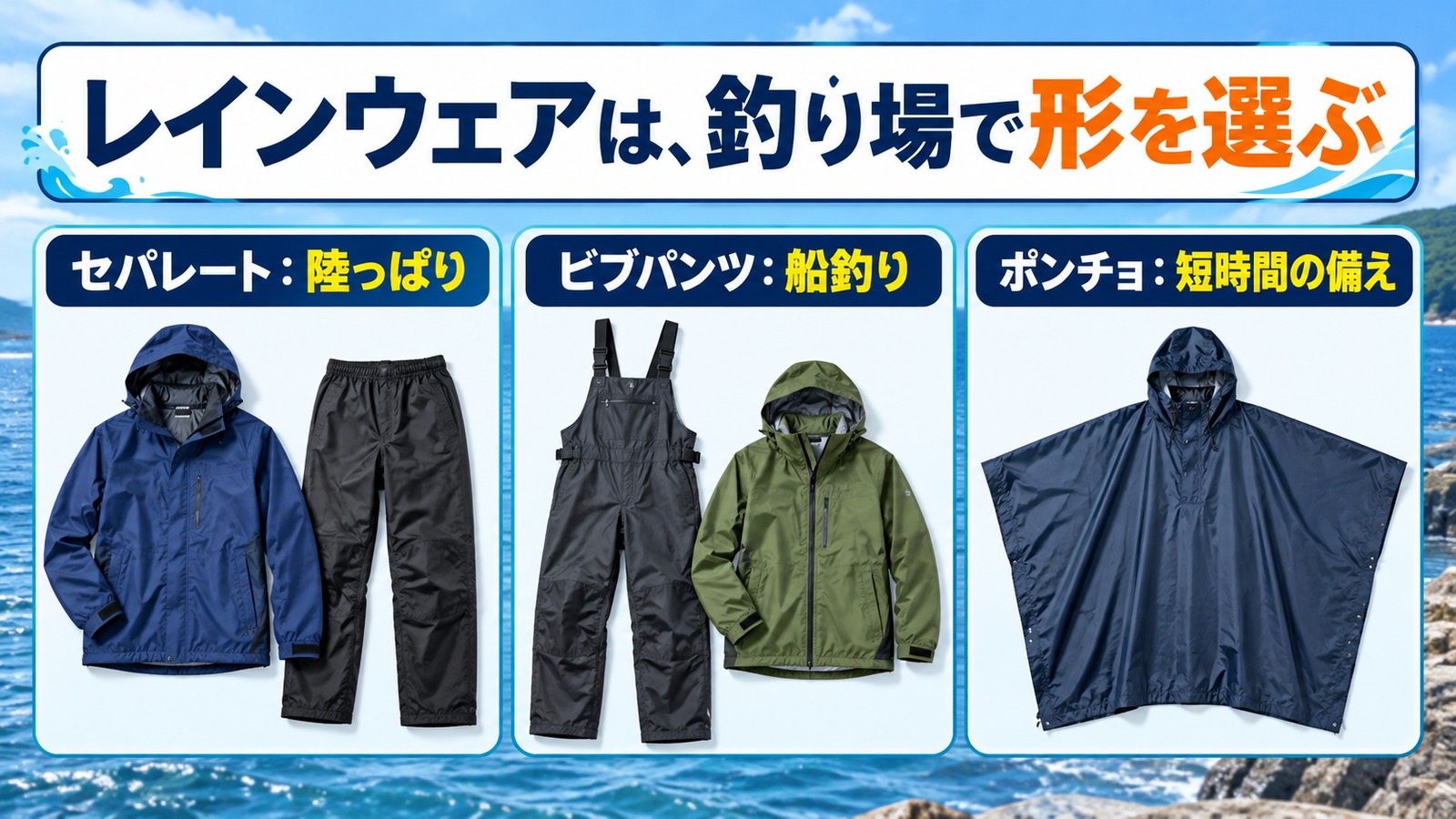 セパレート、胸当て付きビブパンツ、ポンチョの形と用途を比べた図解