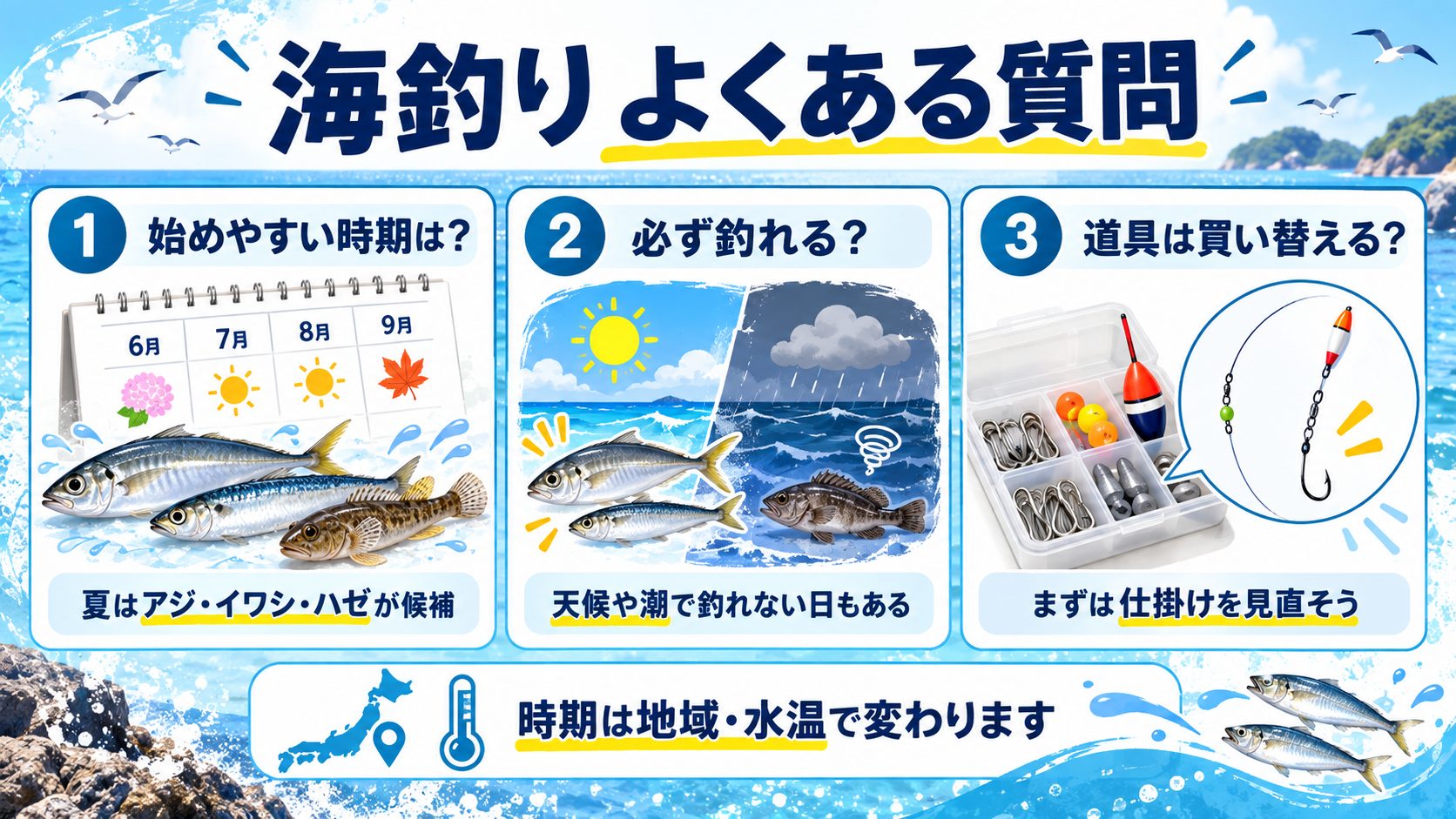 海釣りを始めやすい時期、釣れない日、道具の見直しに答えるQ&A図