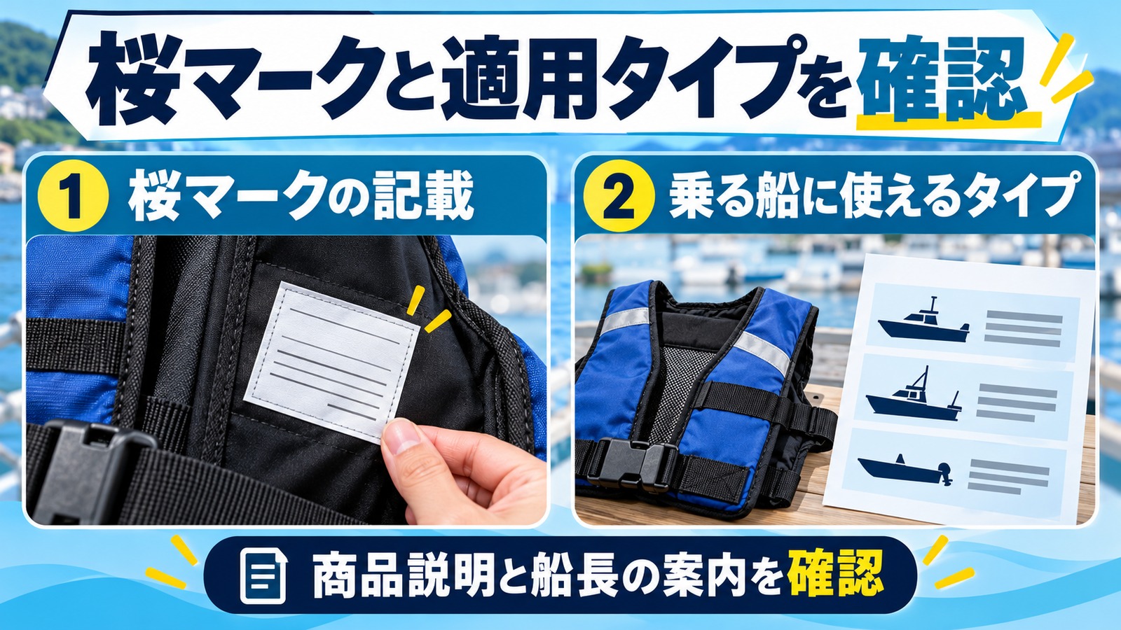 ライフジャケットの商品表示と乗船先の指定を確認する図