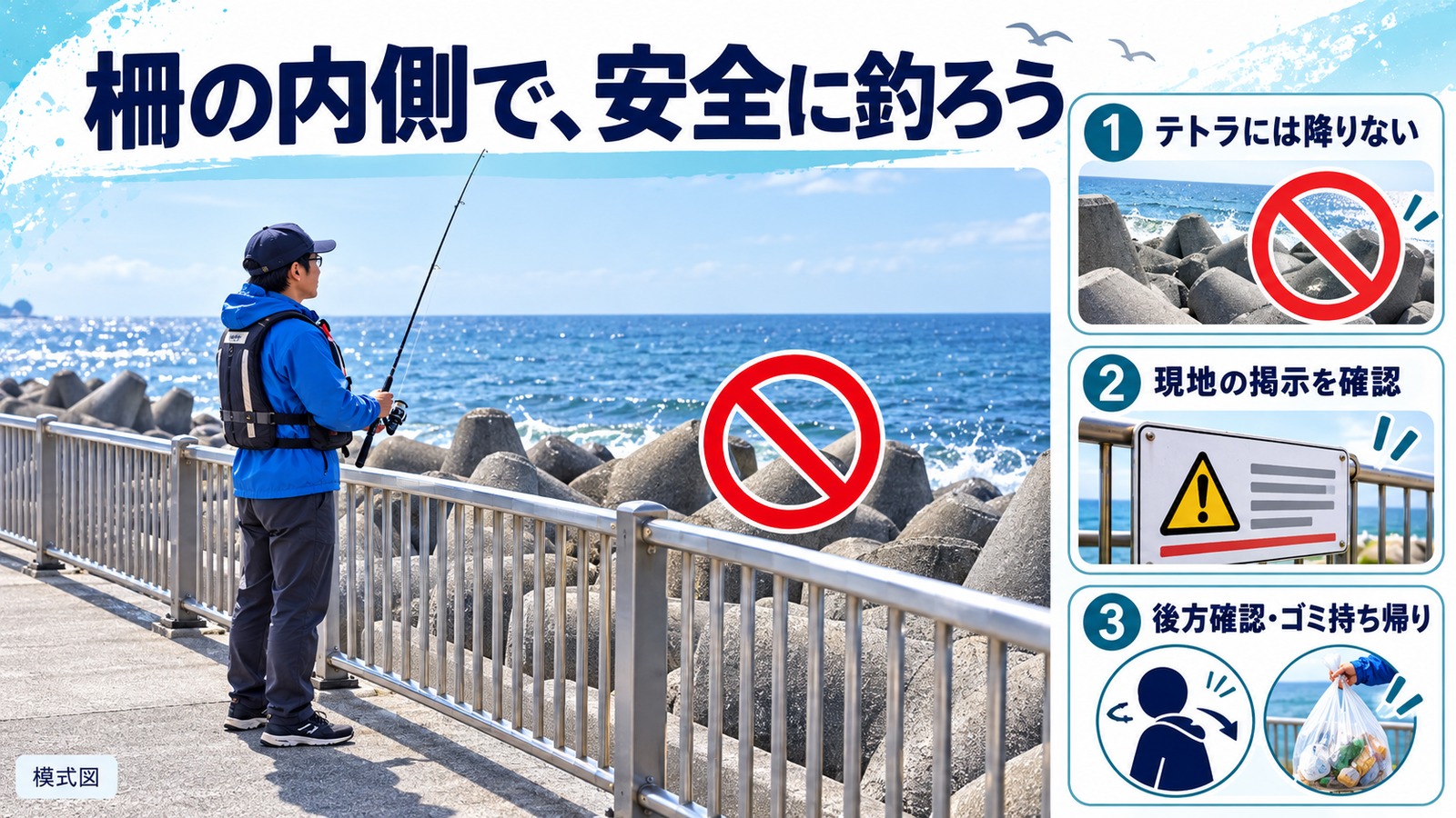 救命胴衣を着た釣り人が柵の内側に立ち、テトラへの立入禁止とマナーを示す模式図