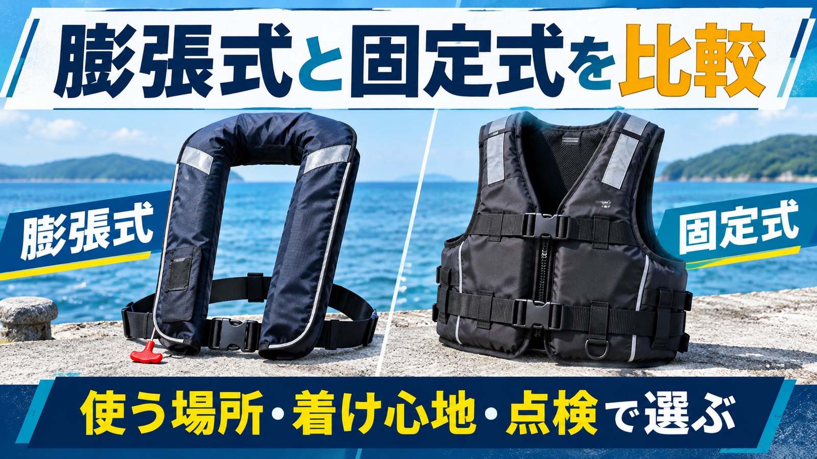 膨張式の肩掛けと浮力材入り固定式を比較した図