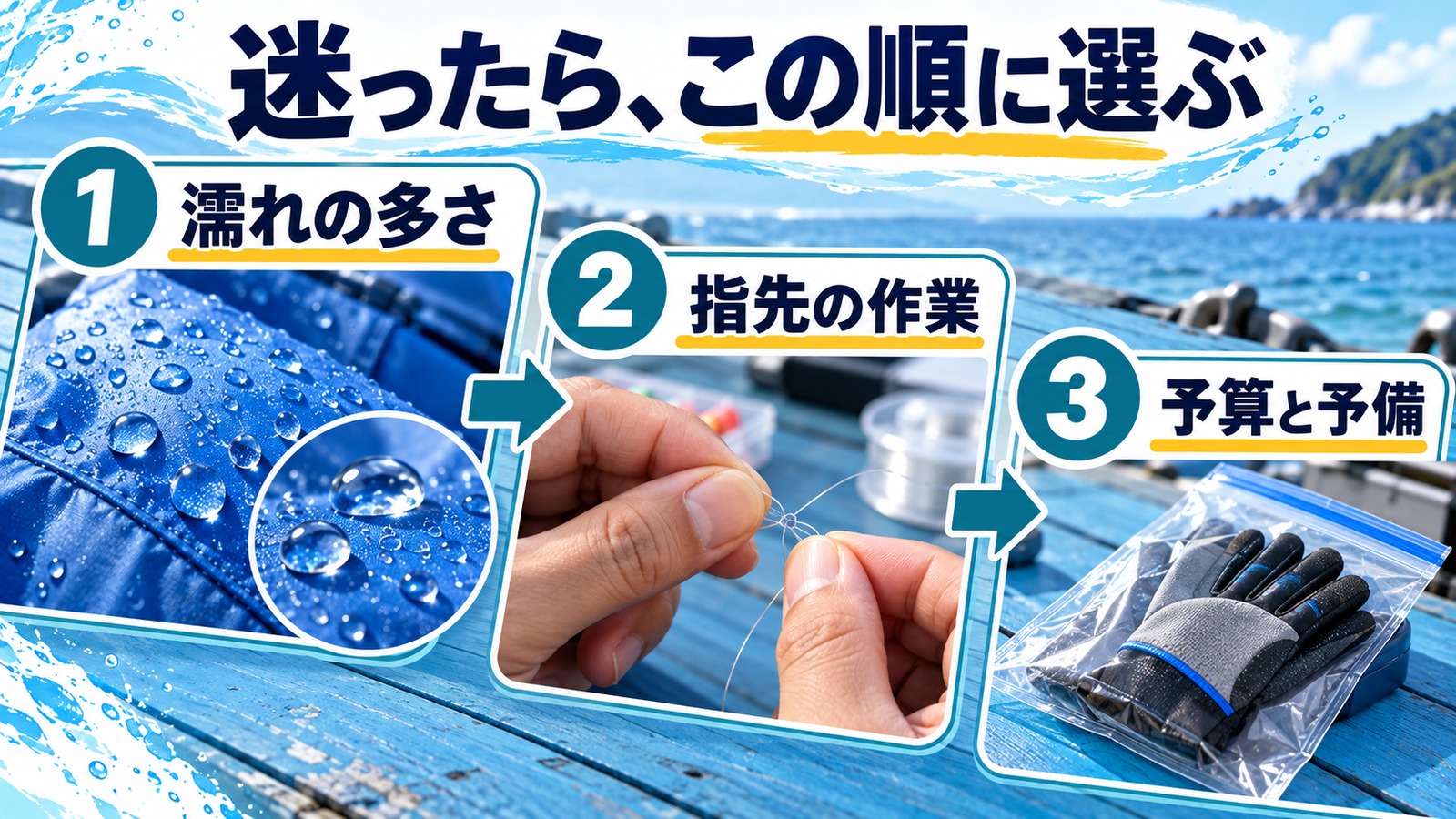 濡れ方、指先の作業、予算と予備の順で手袋を選ぶ流れ
