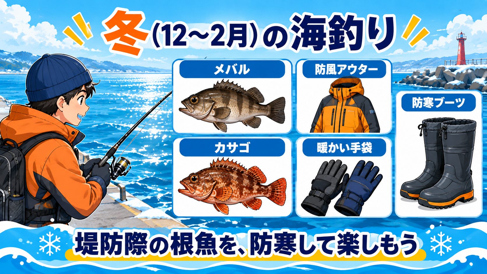 冬に狙うメバル・カサゴと防風アウター、手袋、防寒ブーツの図
