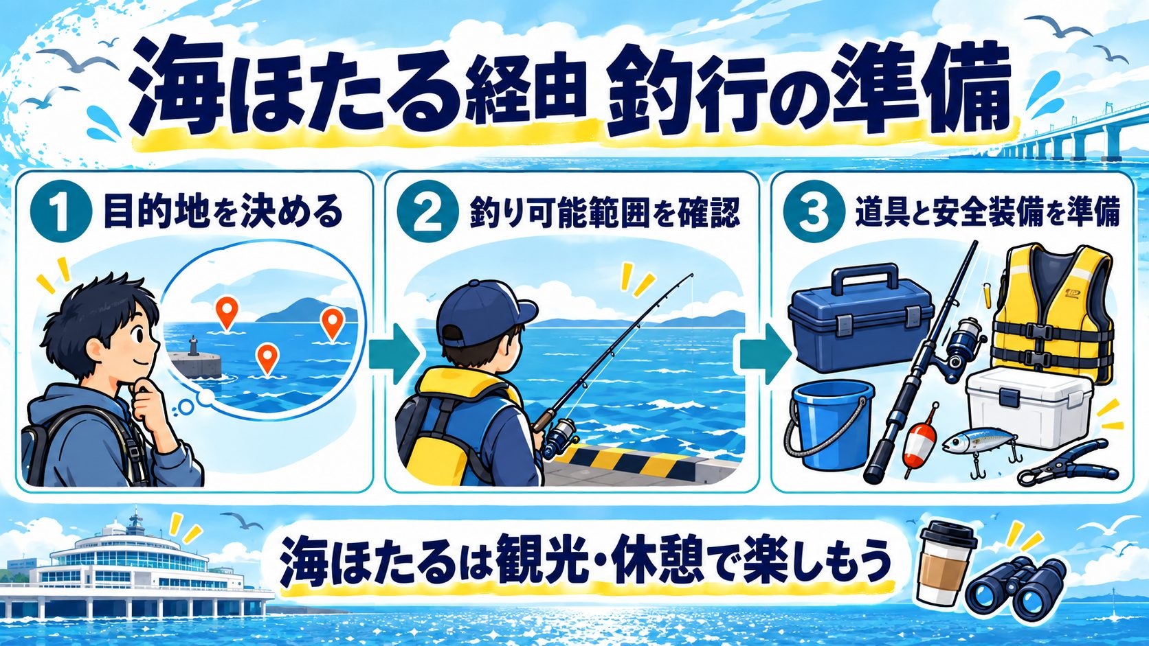 海ほたる経由 釣行の準備を利用ルールや釣行準備のカードで説明する図
