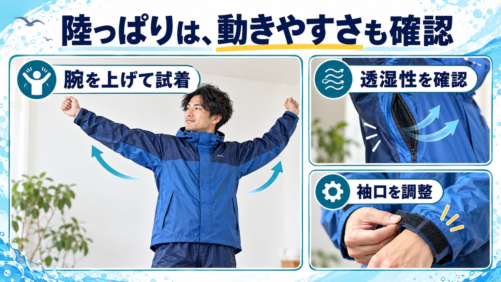 店内で腕を上げて雨具を試着する男性と、袖口・透湿性の確認項目