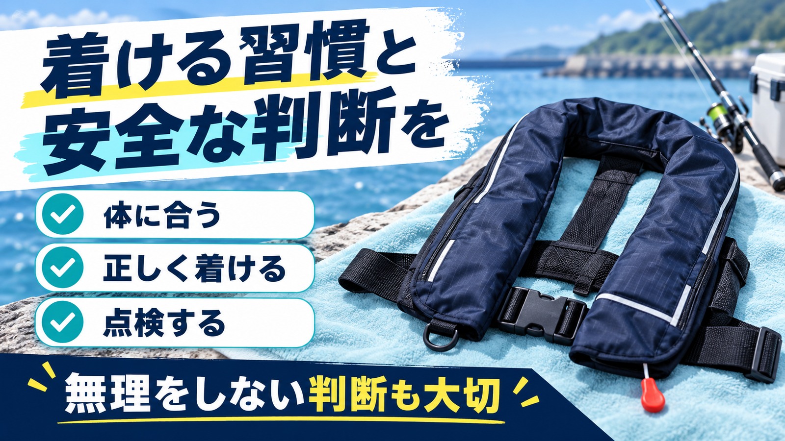 ライフジャケットの適合、装着、点検を確認する図