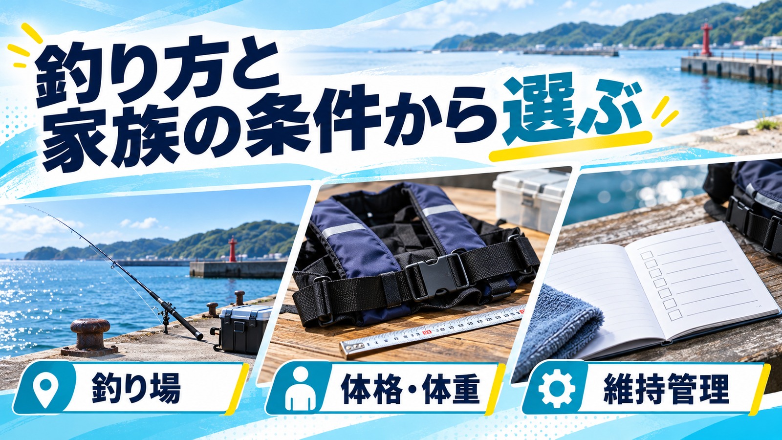 釣り場、体格、維持管理の条件からライフジャケットを選ぶ流れの図