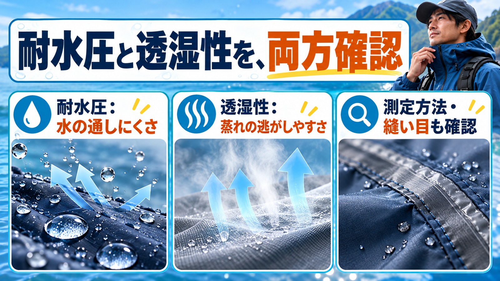 耐水圧と透湿性の意味を、タグと生地の写真で比べる図解