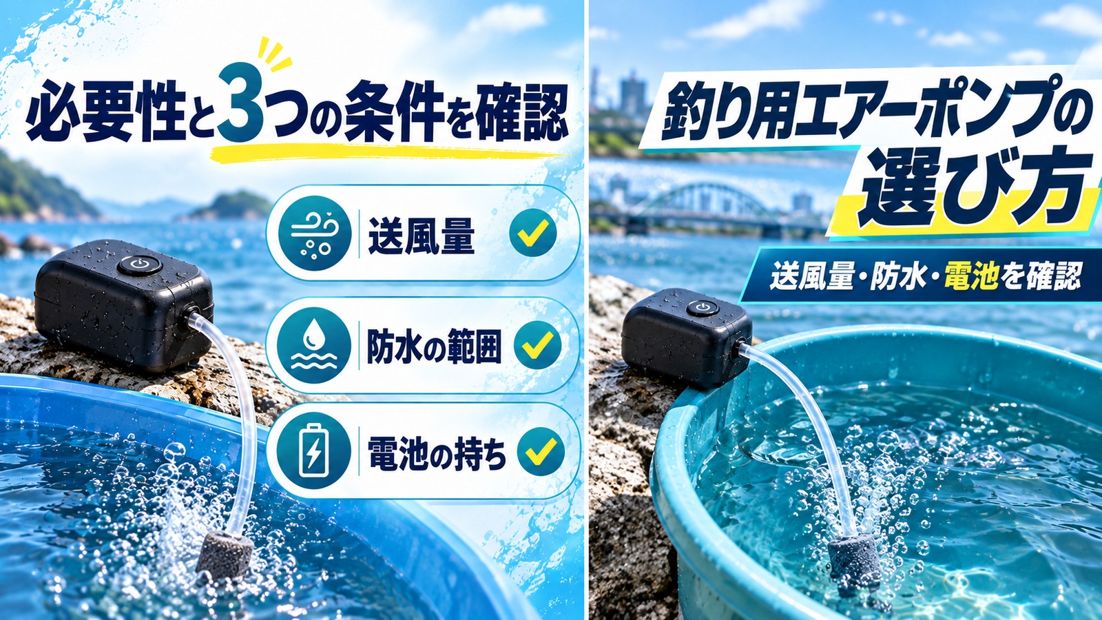 釣り用ポンプを送風量、防水、電池の持ちから選ぶ図