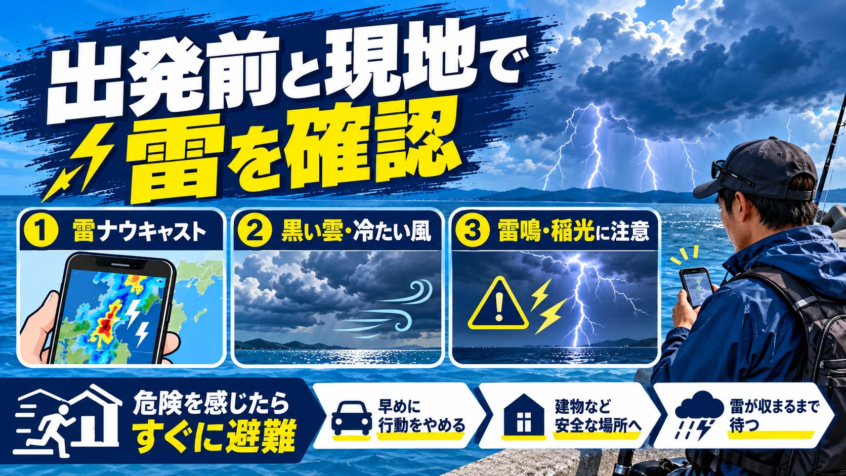 出発前と現地で雷を確認を避難先と確認項目のカードで説明する図