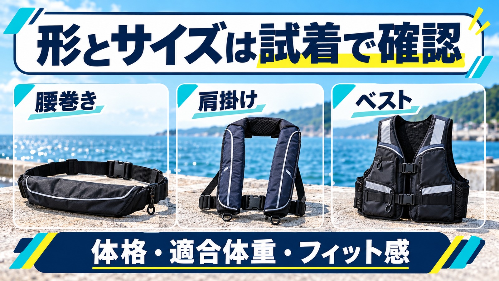 腰巻き、肩掛け、ベストの形を比較し、体格に合わせる図