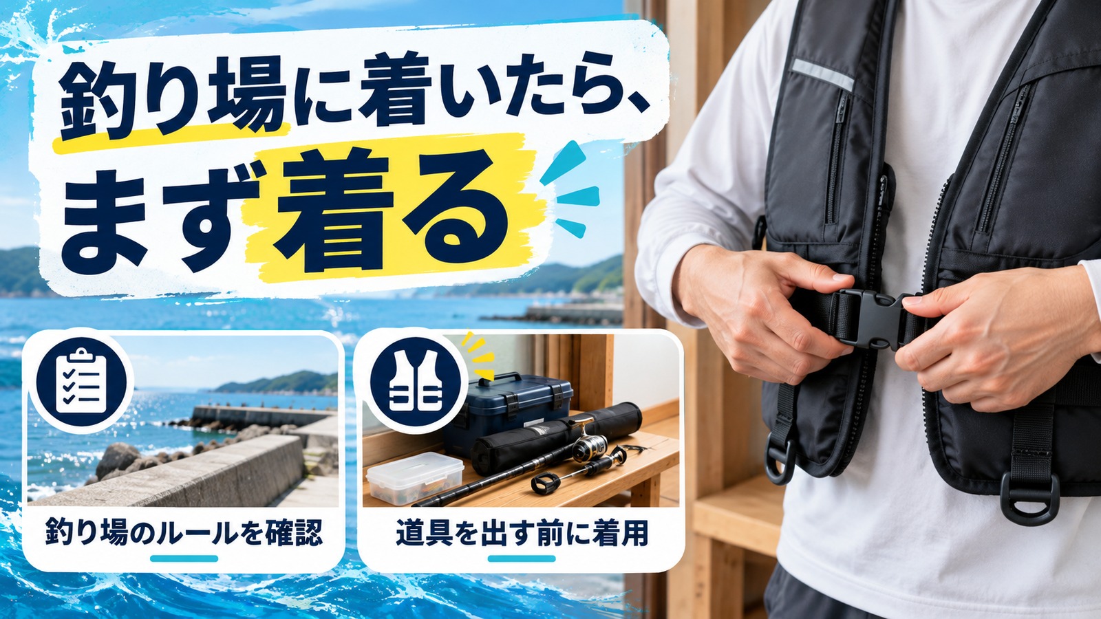 安全な場所でライフジャケットを着る準備をする図