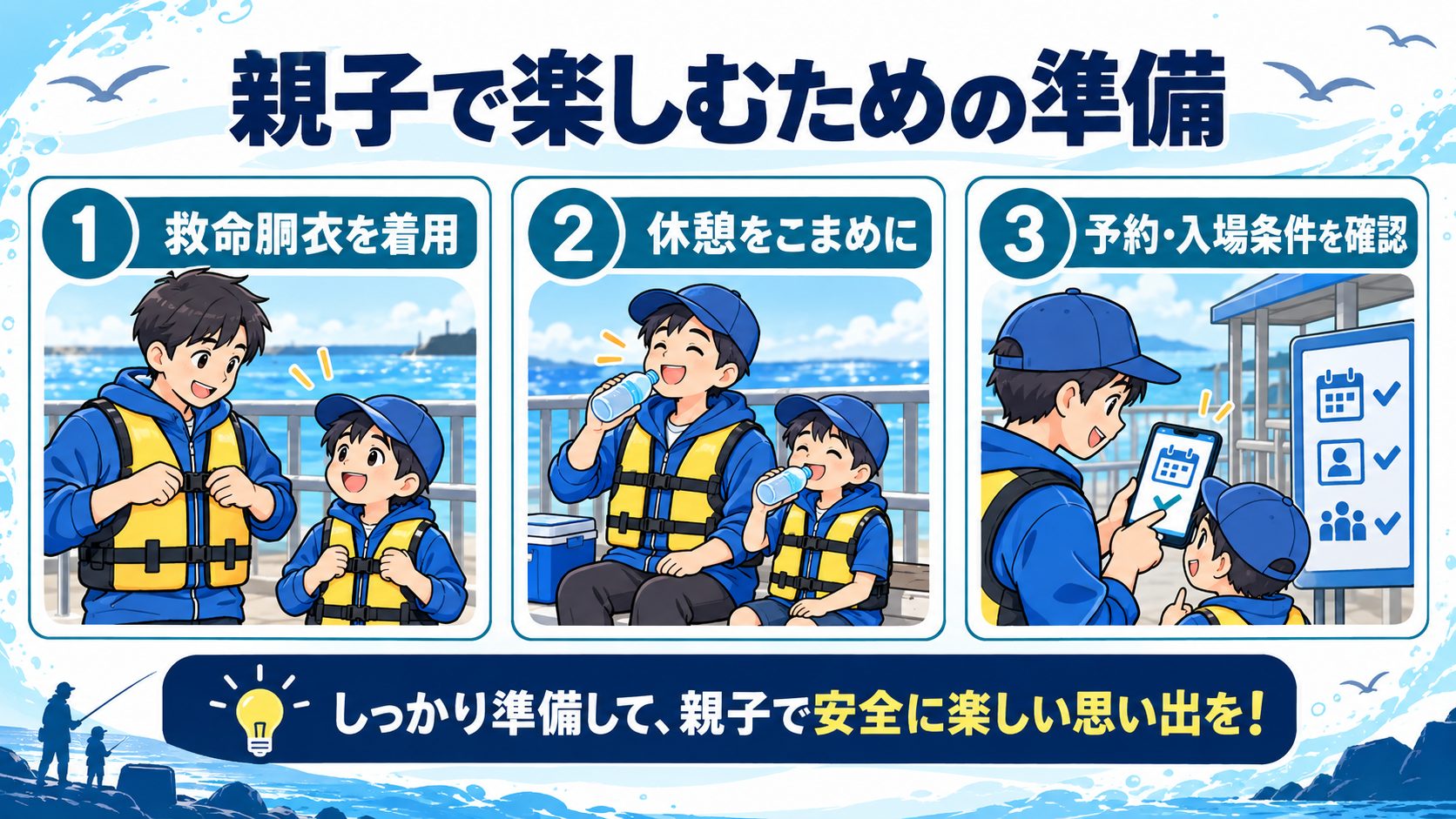 親子で楽しむための準備の要点を魚や道具のイラストと確認カードで示した図