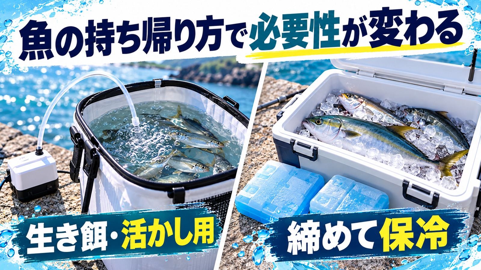 生き餌用の活かしバケツと保冷用クーラーを比較した図