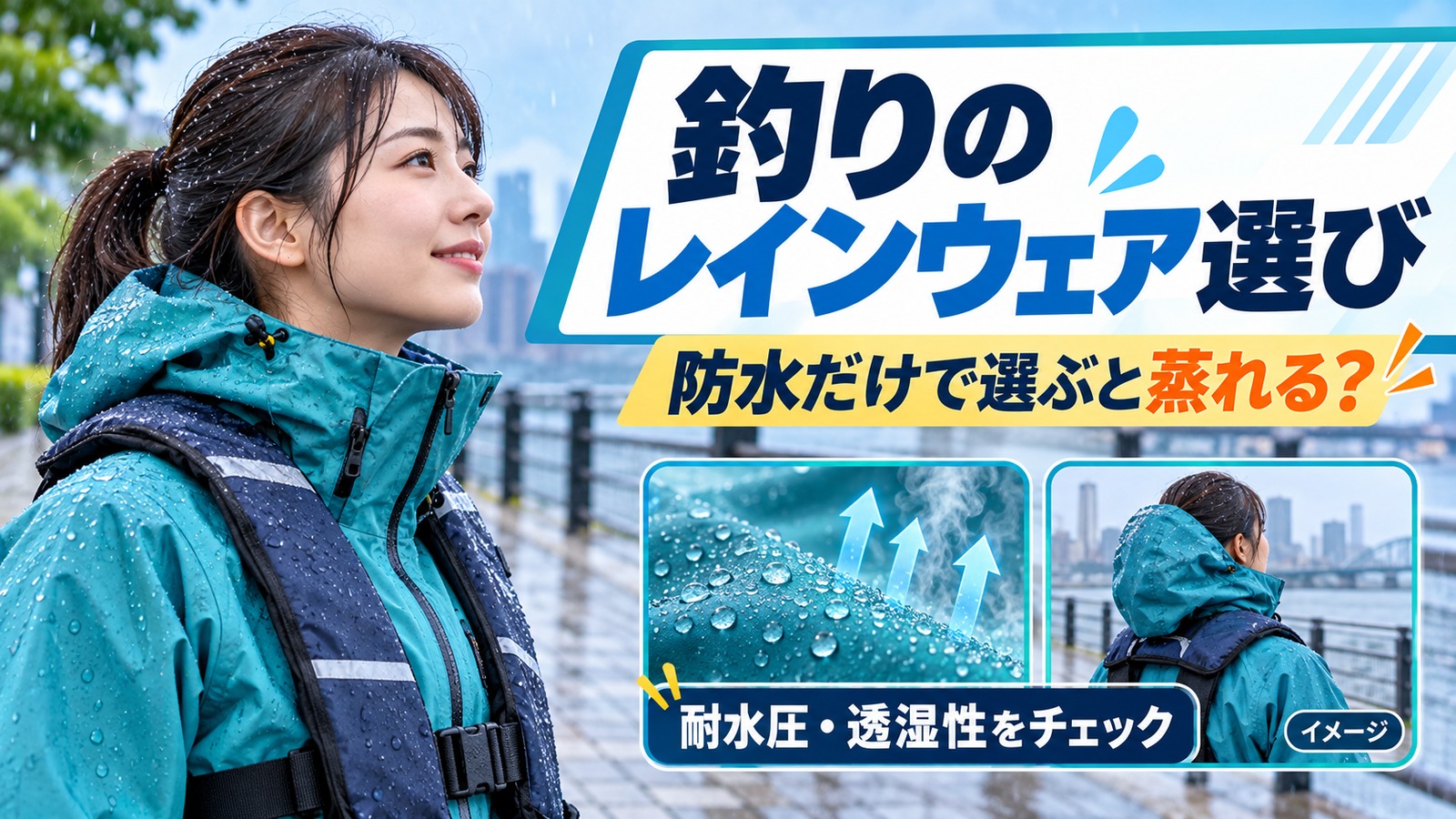 雨具と救命胴衣を着た女性のイメージに、防水と透湿性の選び方を添えたアイキャッチ