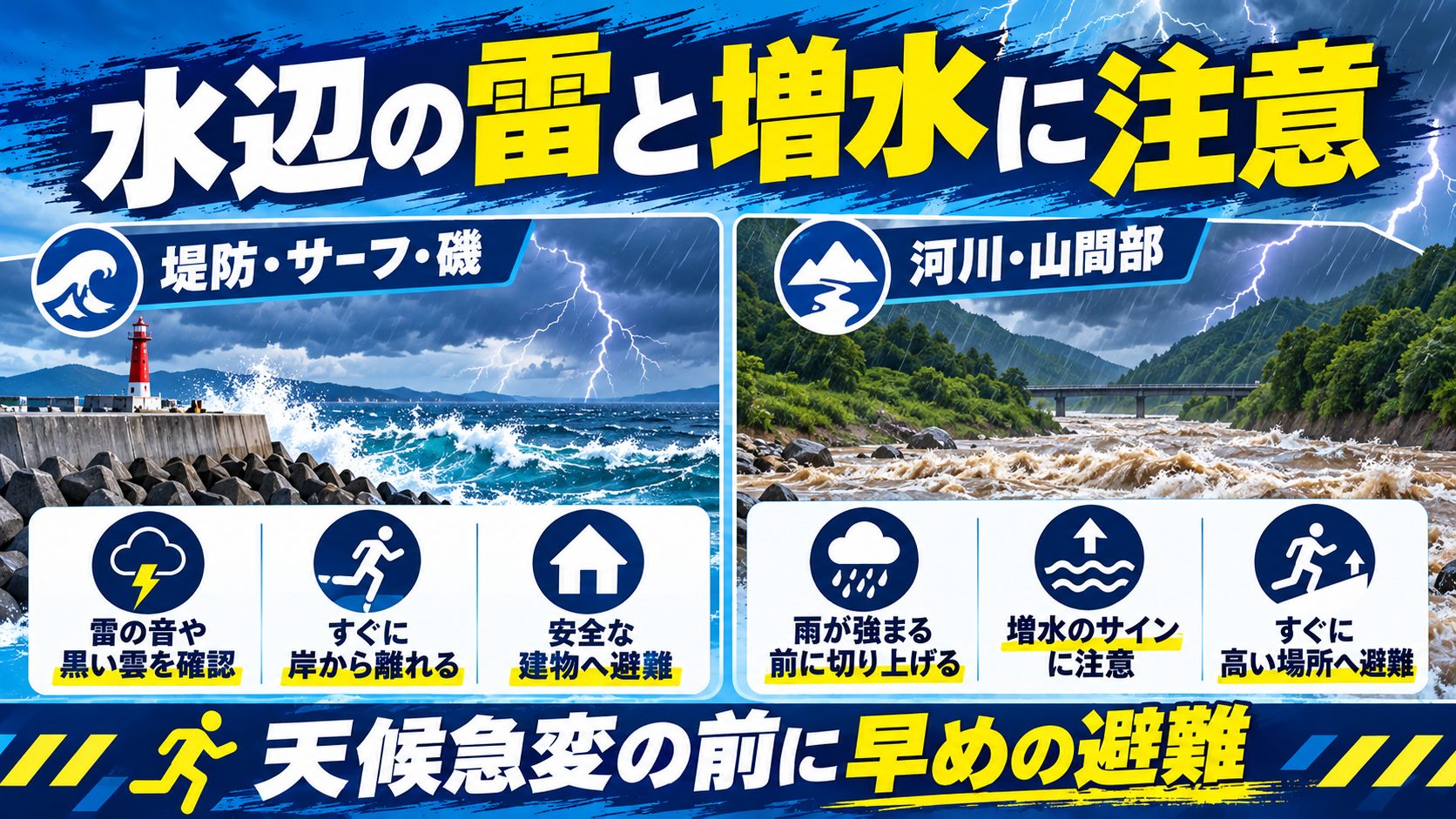 水辺の雷と増水に注意を避難先と確認項目のカードで説明する図