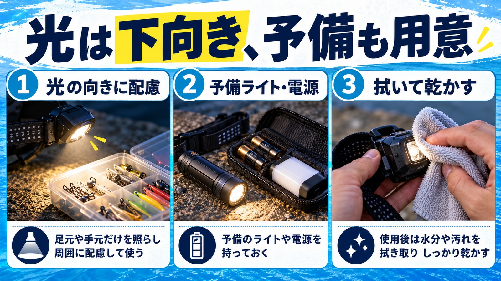 下向きの照明と予備ライト、電池を準備する図