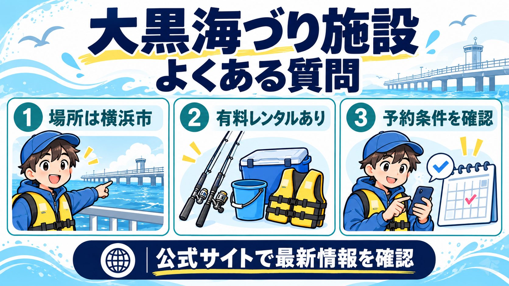 大黒海づり施設 よくある質問の要点を魚や道具のイラストと確認カードで示した図