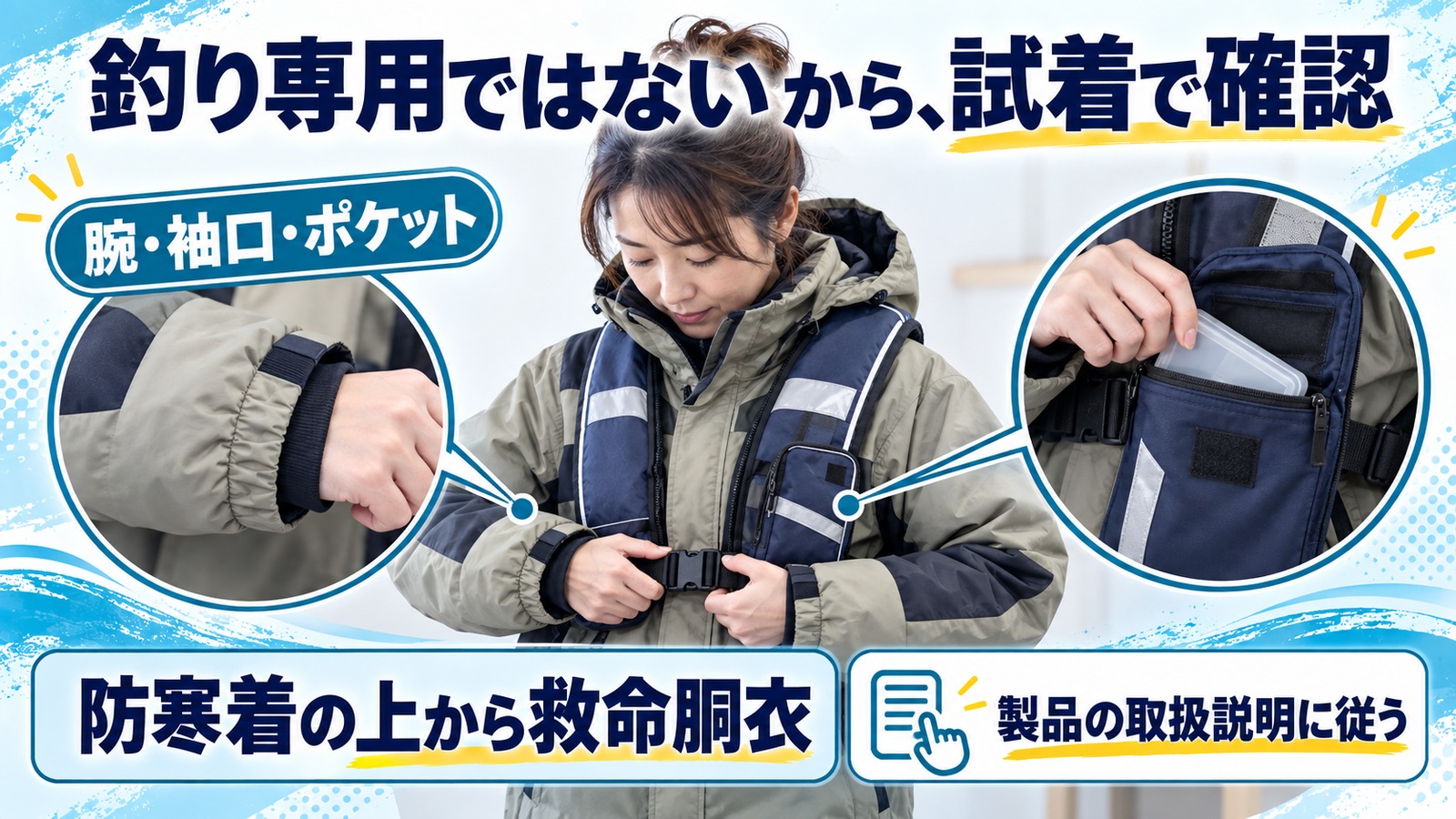 防寒着の上から救命胴衣を試着する女性と、袖口・ポケットの確認項目
