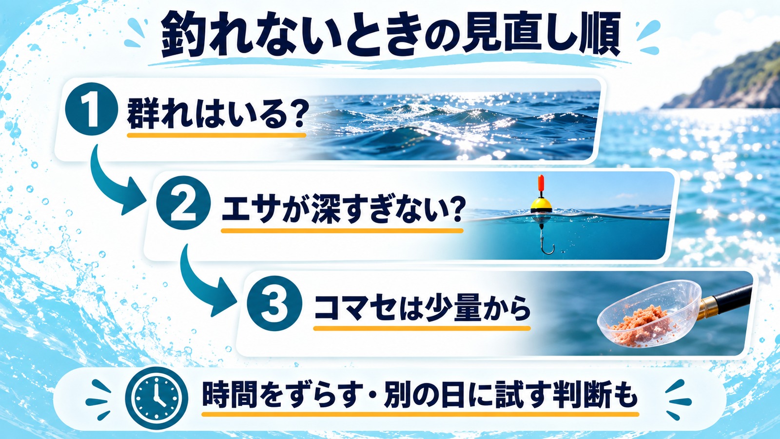 群れの有無、エサの深さ、コマセ量を順に確認する見直し図