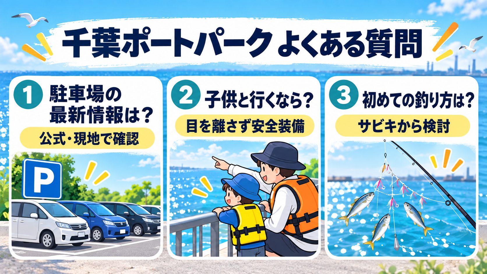 千葉ポートパーク よくある質問について、釣行前に確認する内容をカードでまとめた図