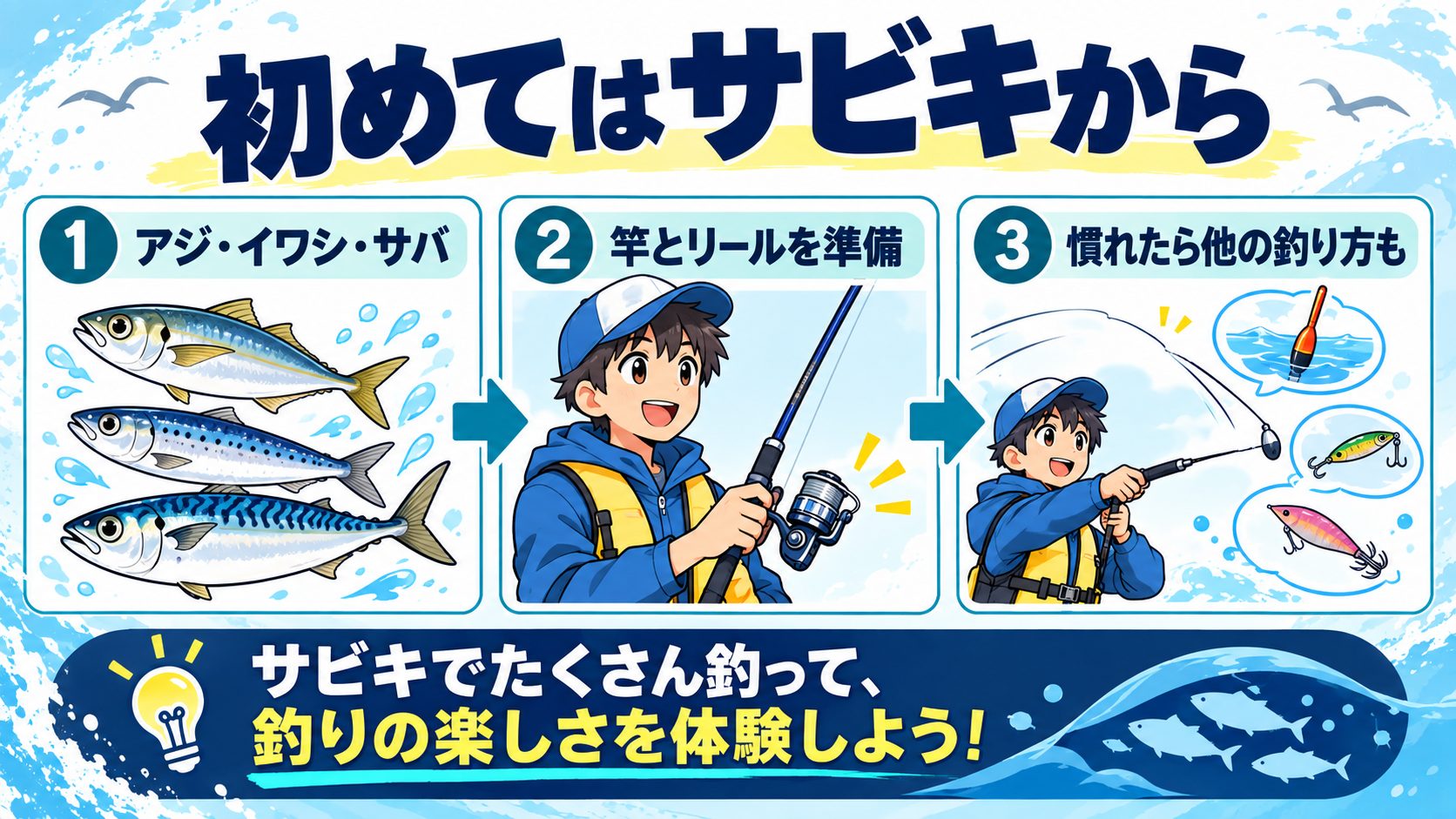 初めてはサビキからの要点を魚や道具のイラストと確認カードで示した図