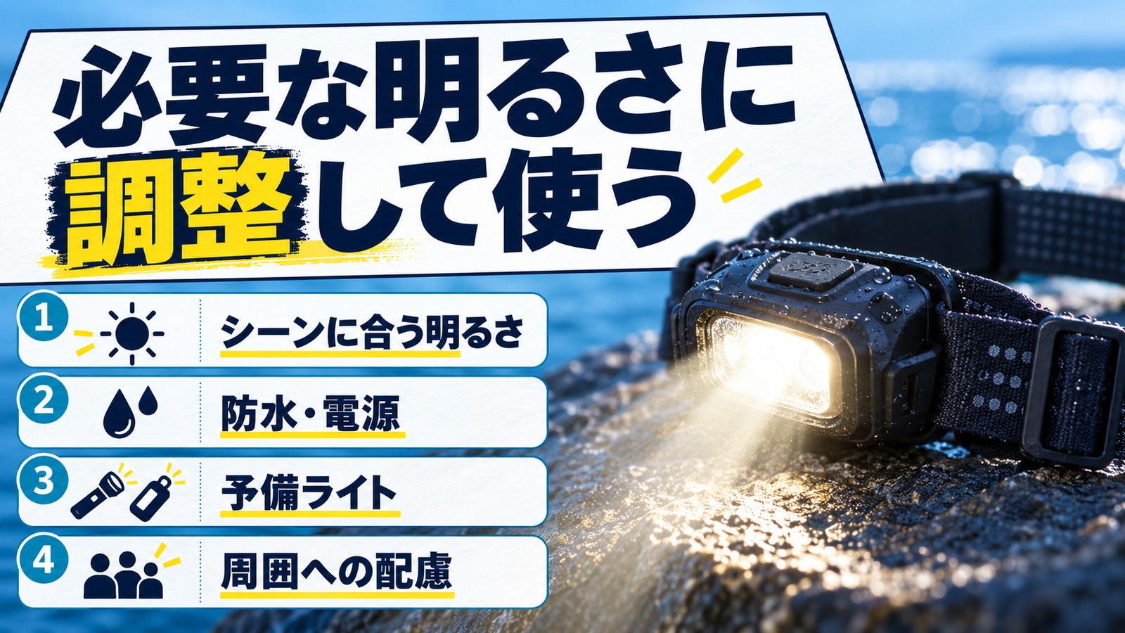 ライトの調光と防水、電源、予備を確認する図