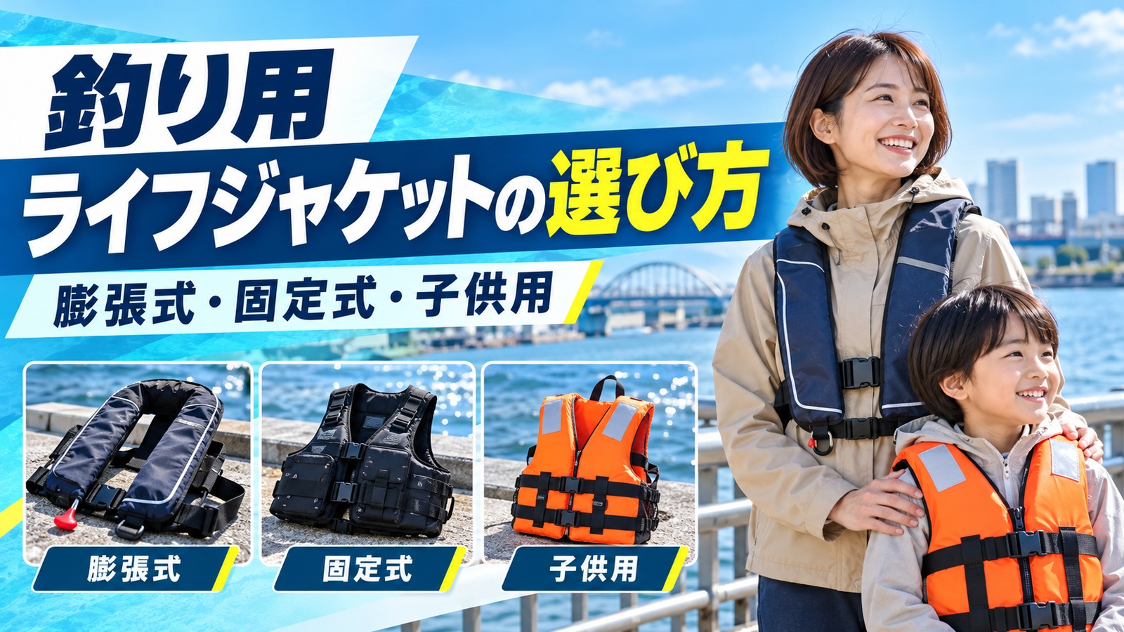家族がライフジャケットを着用し、膨張式と固定式の違いを紹介する画像