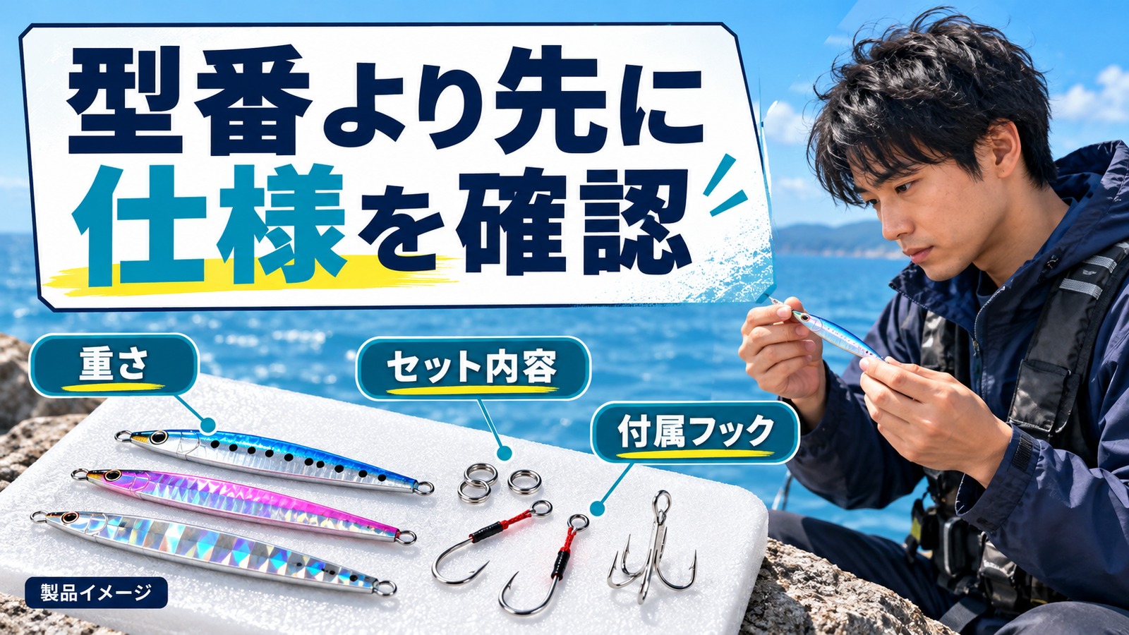 メタルジグの重さ、セット内容、フックを確認する図