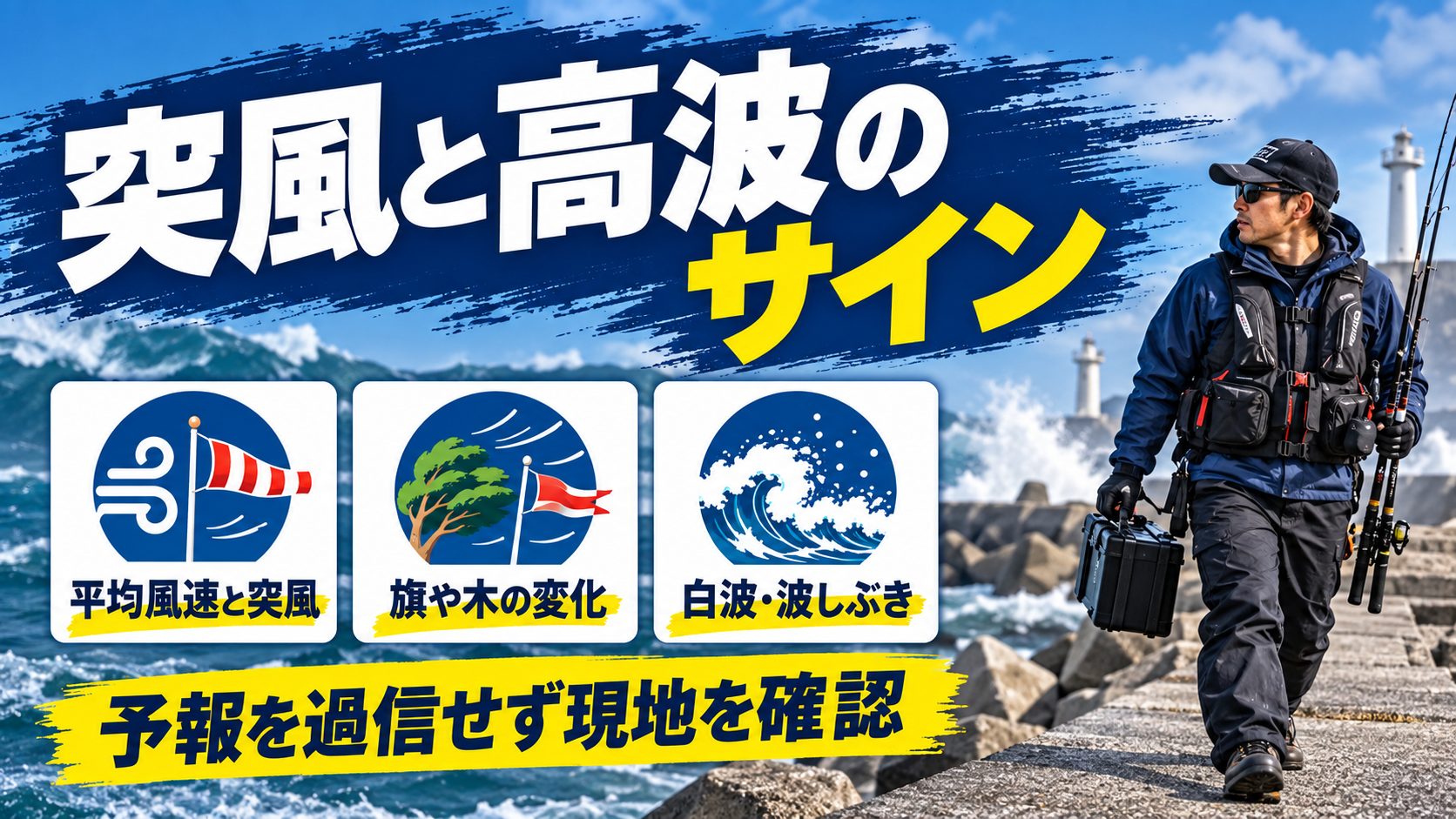 突風と高波のサインを、風と波の確認や撤収判断のカードで説明する図
