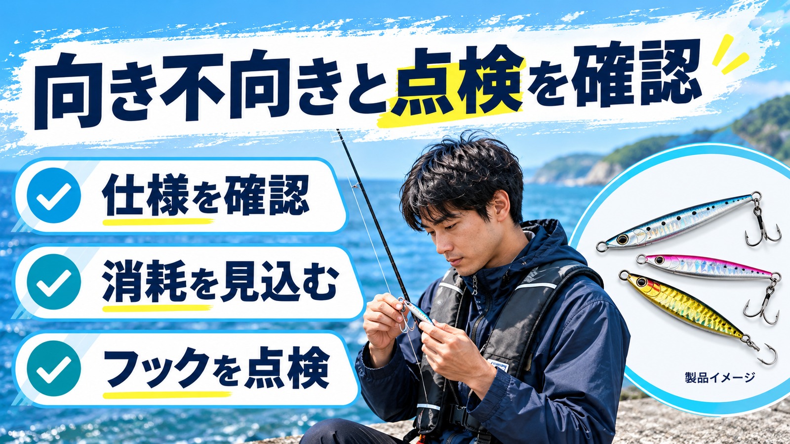 価格や消耗を考え、ジグの状態を点検して選ぶ図