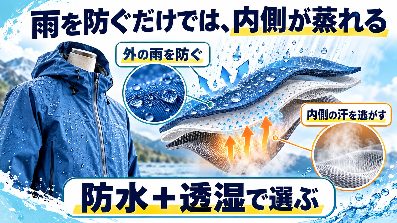 雨を防ぐ膜と内側の水蒸気を逃がす働きを示したレインウェアの模式図