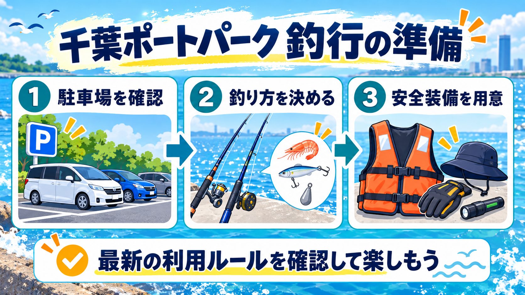千葉ポートパーク 釣行の準備について、釣行前に確認する内容をカードでまとめた図