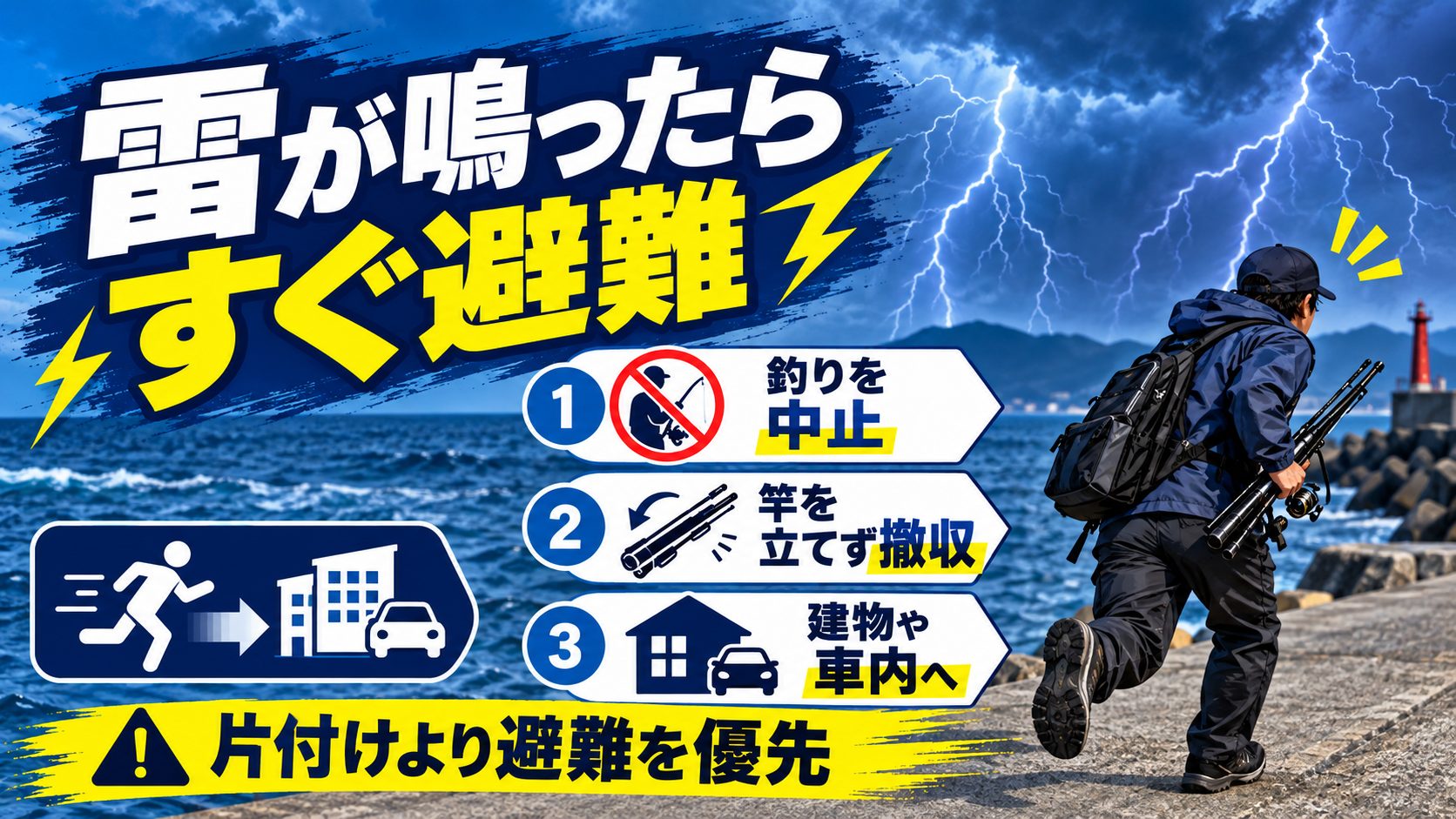 雷が鳴ったら すぐ避難を避難先と確認項目のカードで説明する図