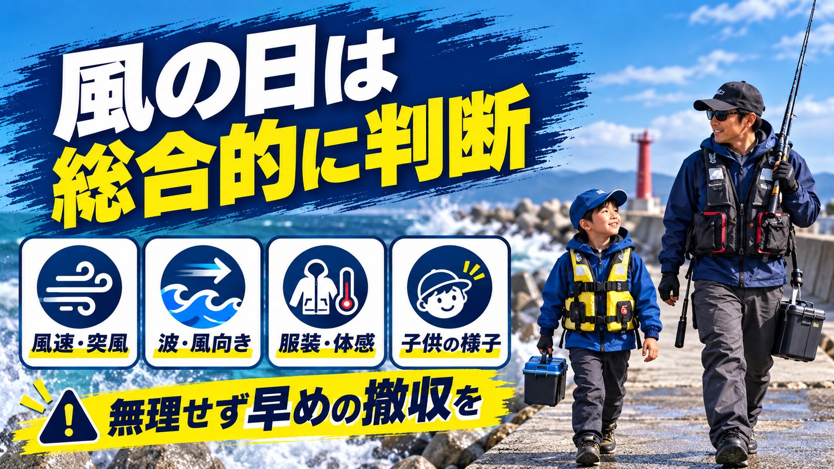 風の日は総合的に判断を、風と波の確認や撤収判断のカードで説明する図