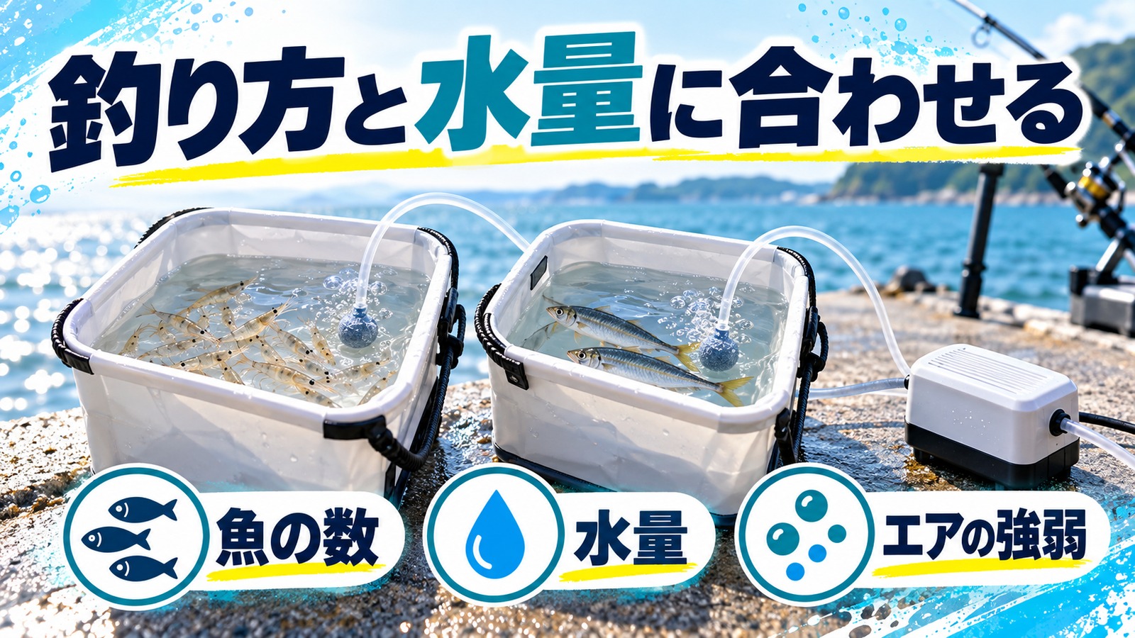 活きエビや小魚の容器に合わせて空気量を調整する図