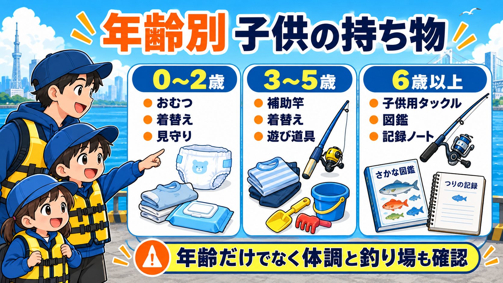 年齢別 子供の持ち物を子供向け持ち物と確認項目のカードで説明する図