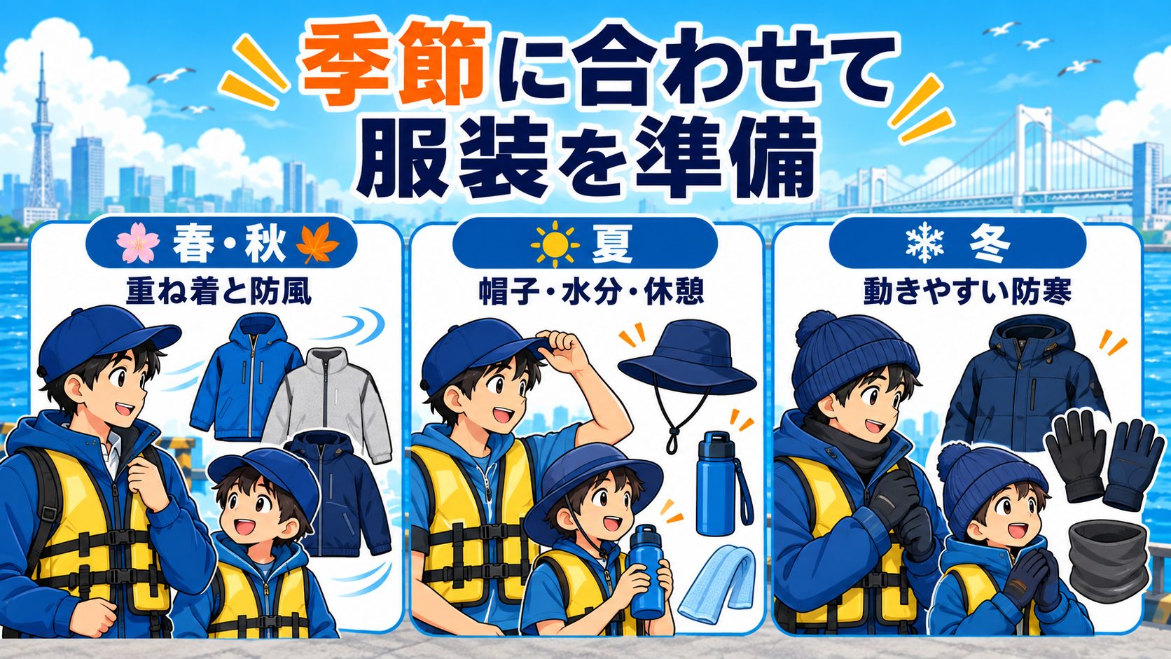 季節に合わせて服装を準備を子供向け持ち物と確認項目のカードで説明する図