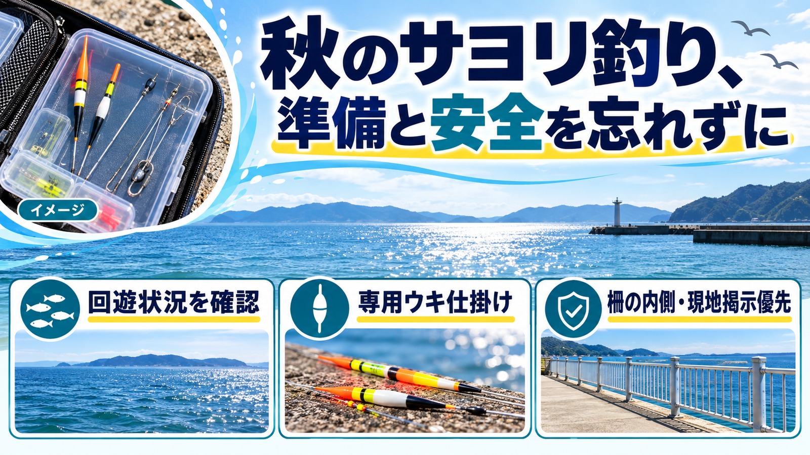 秋の海と専用仕掛けのイメージに、回遊確認と安全の要点を添えたまとめ図