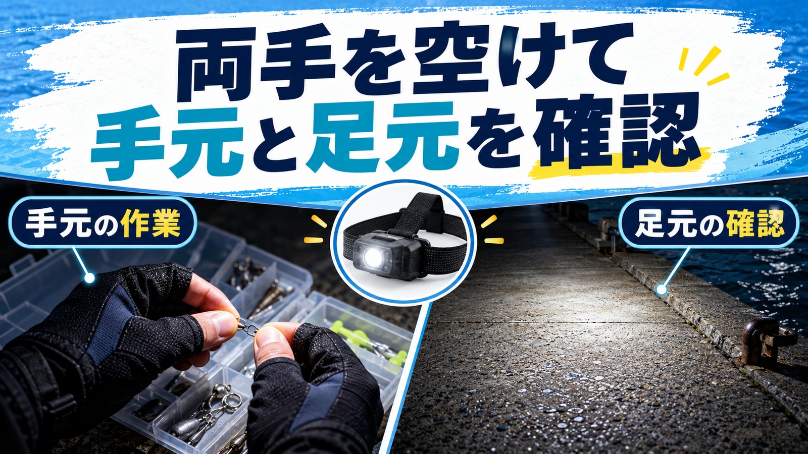 ヘッドライトで手元作業や足元を照らす用途を示す図
