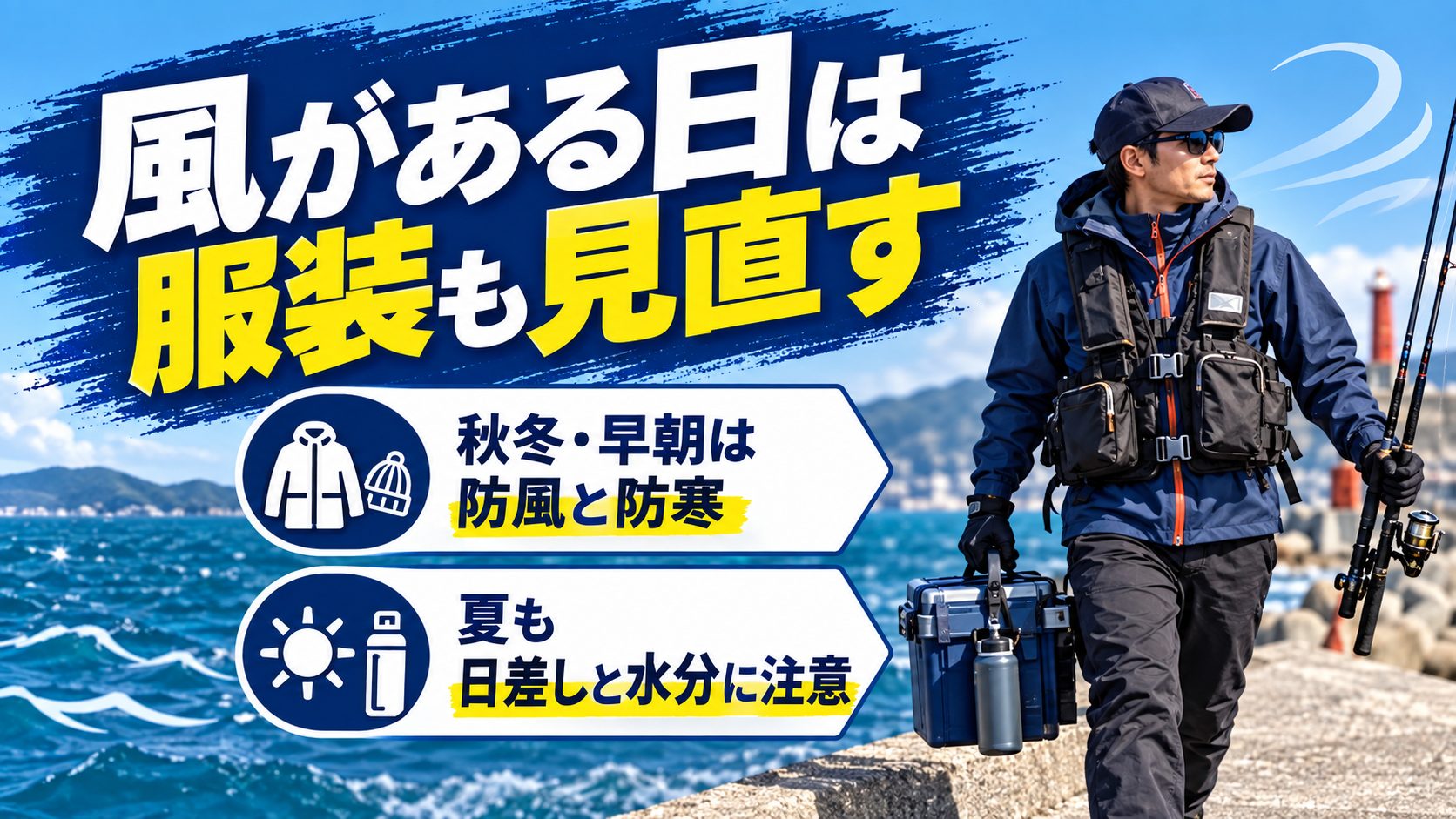 風がある日は服装も見直すを、風と波の確認や撤収判断のカードで説明する図